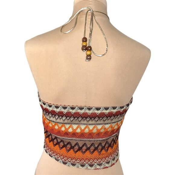 Romwe Orange and Brown Striped Halter Crop Top Festival Boho Size Medium - Picture 2 of 3